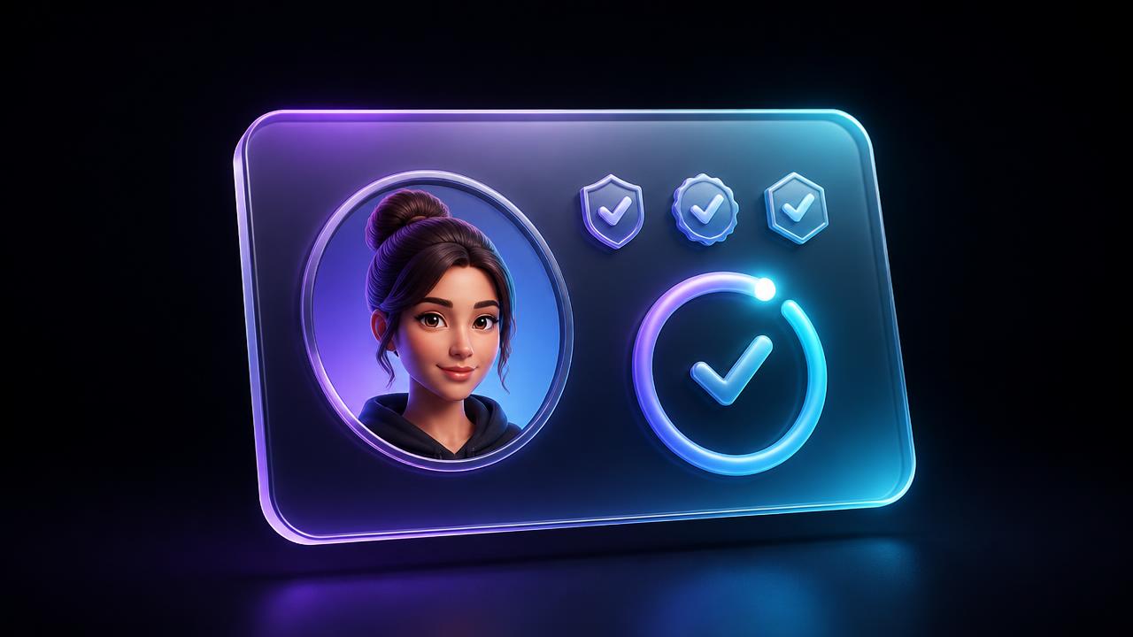 Cartão de perfil em vidro com avatar, selos de verificação e anel de progresso concluído