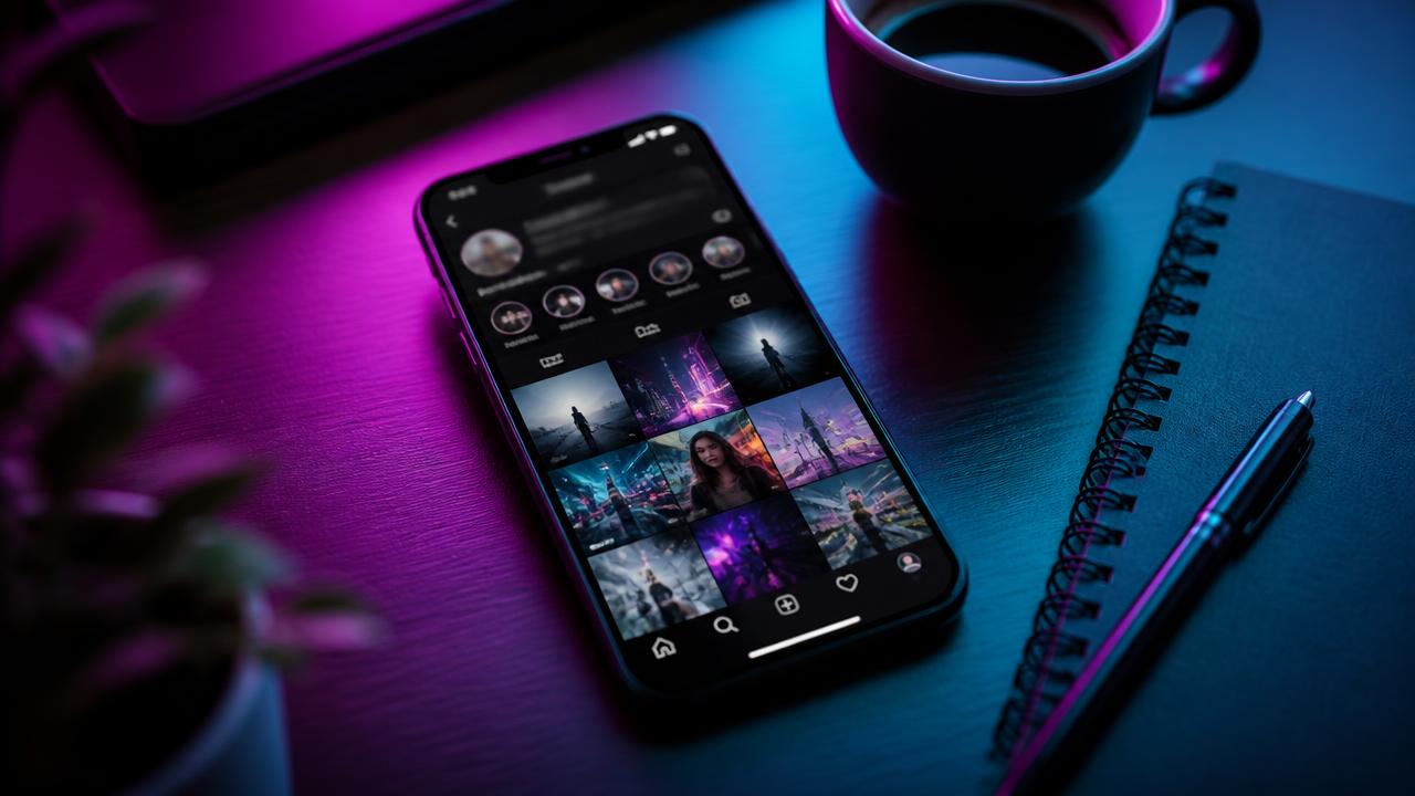 Celular exibindo o feed de um perfil no Instagram sobre uma mesa com iluminação em tons de roxo e azul